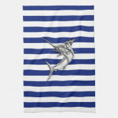 Marlin Szwaardvis Chrome Style op Nautical Stripes Theedoek (Verticaal)