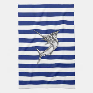 Marlin Szwaardvis Chrome Style op Nautical Stripes Theedoek
