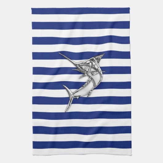 Marlin Szwaardvis Chrome Style op Nautical Stripes Theedoek (Verticaal)