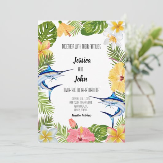 Marlin Tropical Wedding Invitation Kaart (Staand voorkant)