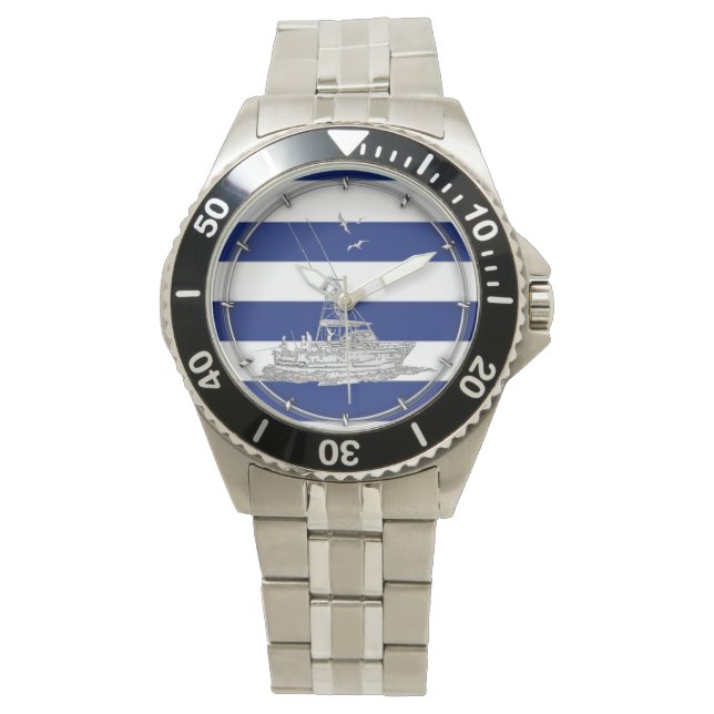 Marlin Vist Chrome over Nautical Stripes Horloge (Voorkant)