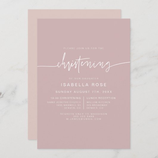 MARLO Boho Dusty Roos Pink Christening Kaart (Voorkant / Achterkant)