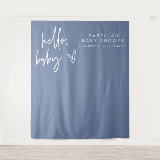 MARLO Modern Boho Hallo Baby Blue Baby shower Wandkleed (Voorkant)