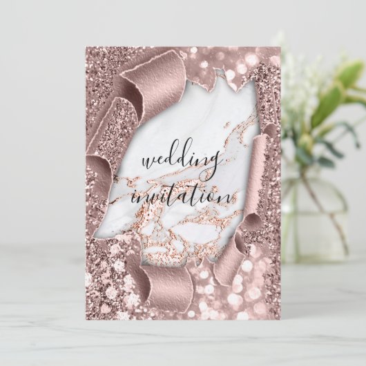 Marmer 3D Roos Gold Wedding Glitter Uitnodiging (Staand voorkant)