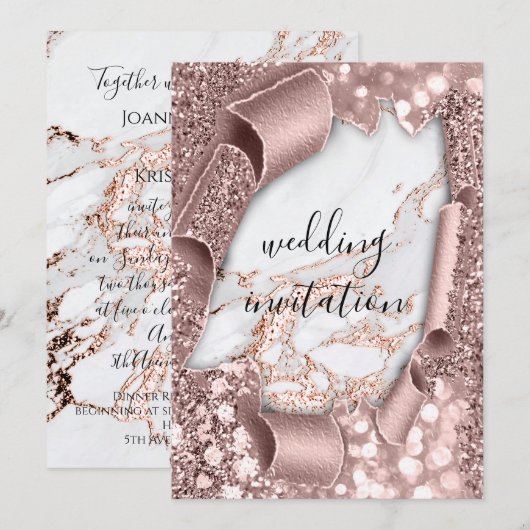 Marmer 3D Roos Gold Wedding Glitter Uitnodiging (Voorkant / Achterkant)
