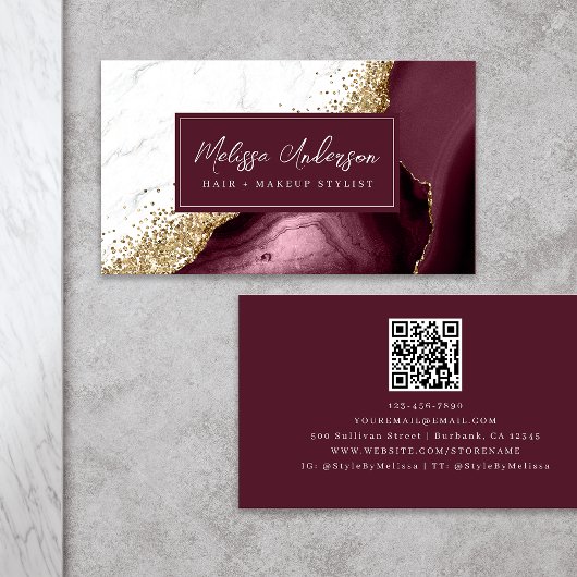 Marmer Agaat Bourgogne Gouden Glitter QR Code Visitekaartje