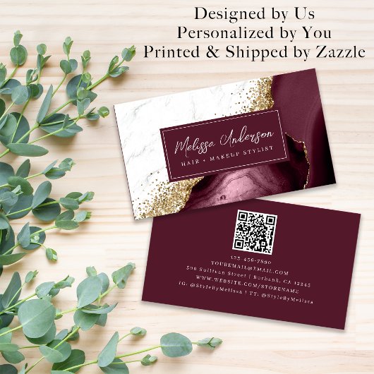 Marmer Agaat Bourgogne Gouden Glitter QR Code Visitekaartje