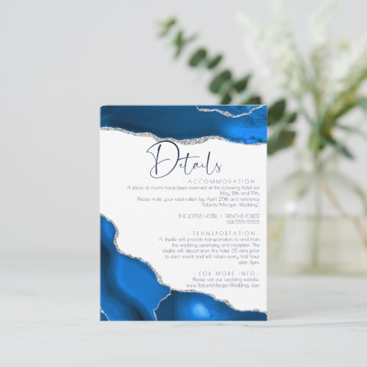 Marmer Agaat Royal blauw bruiloft Details Informatiekaartje (Staand voorkant)