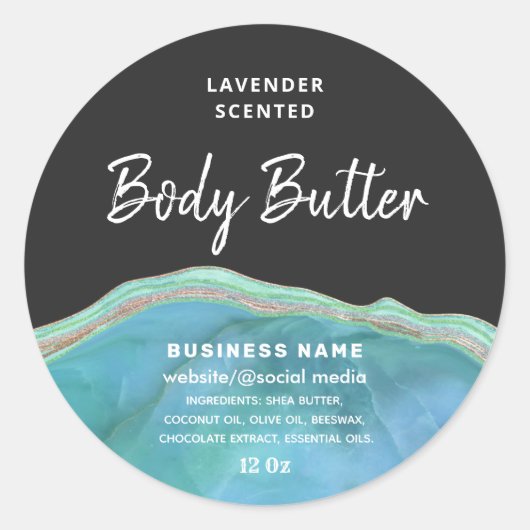 Marmer agaat turquoise script body butter label (Voorkant)