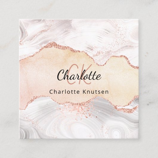 Marmer agate roos goudmonogram QR-code Vierkante Visitekaartje (Voorkant)