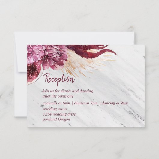 Marmer & Autumn Burgundy Wedding Reception Details RSVP Kaartje (Voorkant)