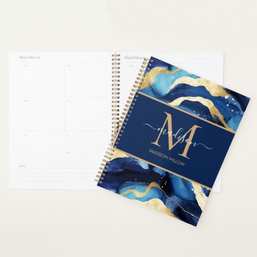 Marmer Blauw Goud Script Naam Monogram Aangepast Planner (Display)
