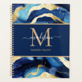Marmer Blauw Goud Script Naam Monogram Aangepast Planner (Voorkant)