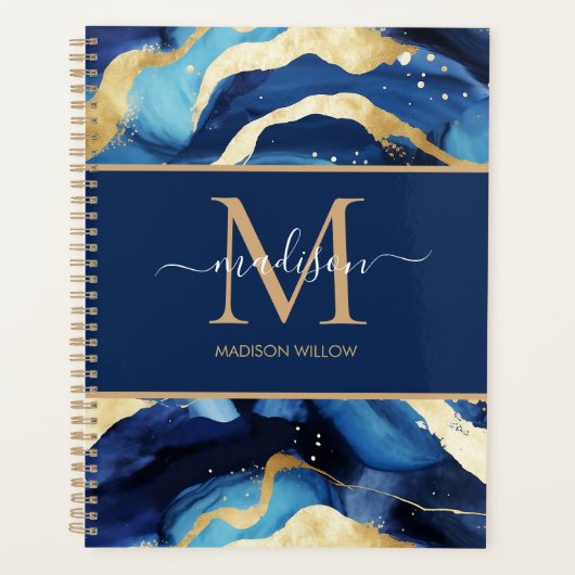 Marmer Blauw Goud Script Naam Monogram Aangepast Planner (Voorkant)