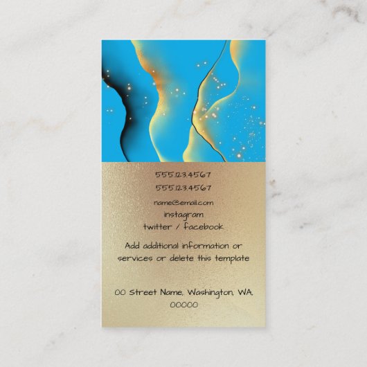 Marmer blauw goudlicht inktgolven rokerrok visitekaartje (Achterkant)