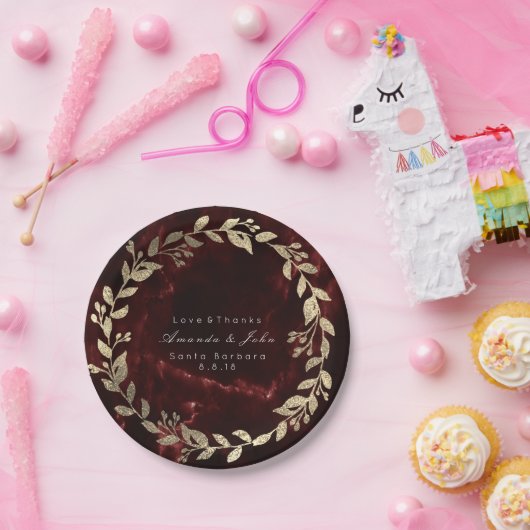 Marmer Bourgogne Goud Custom Bloemen Krans VIP Papieren Bordje (Feest)