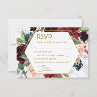 Marmer Bourgondië Navy Goud Bloemen Boeket Bruilof RSVP Kaartje