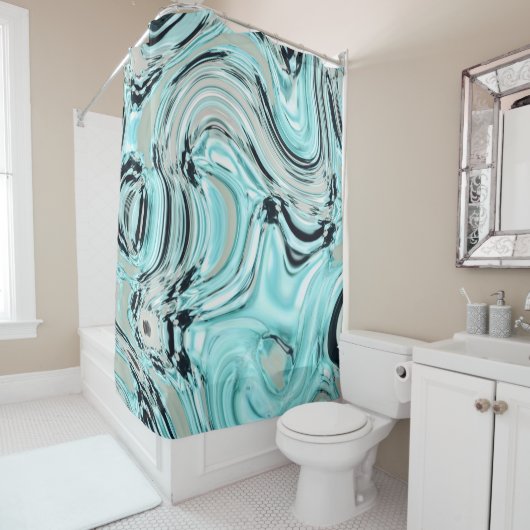 marmer chic swirls mint oceaanwater zee aqua blue  douchegordijn (In situ)