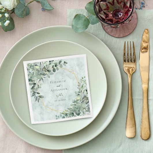 Marmer Elegant Greenery Eucalyptus Gold Wedding Servet