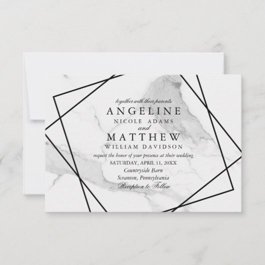 Marmer en Black & White Geometric Wedding Invite Kaart (Voorkant)