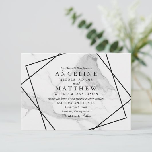 Marmer en Black & White Geometric Wedding Invite Kaart (Staand voorkant)