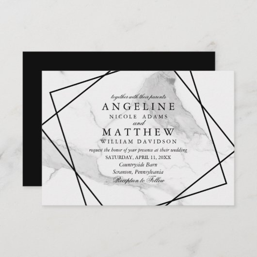 Marmer en Black & White Geometric Wedding Invite Kaart (Voorkant / Achterkant)