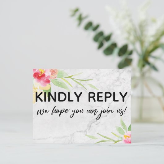 Marmer en Boho Flowers Menu Keuze RSVP Briefkaart (Staand voorkant)