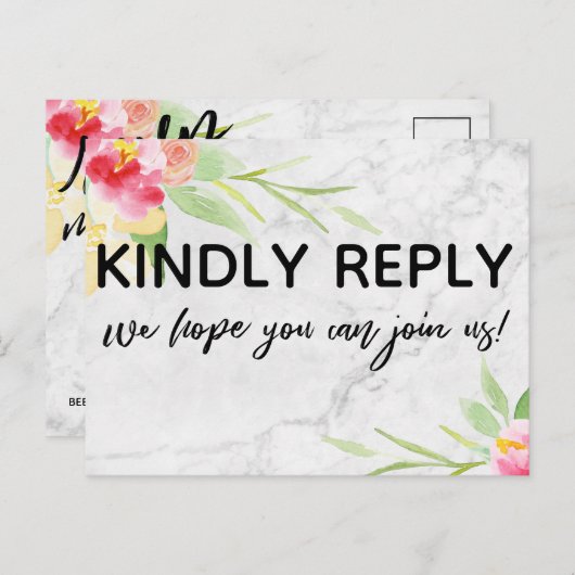 Marmer en Boho Flowers Menu Keuze RSVP Briefkaart (Voorkant / Achterkant)