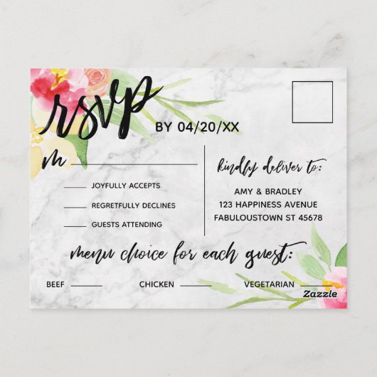 Marmer en Boho Flowers Menu Keuze RSVP Briefkaart (Achterkant)