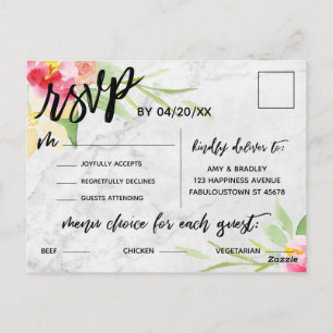 Marmer en Boho Flowers Menu Keuze RSVP Briefkaart