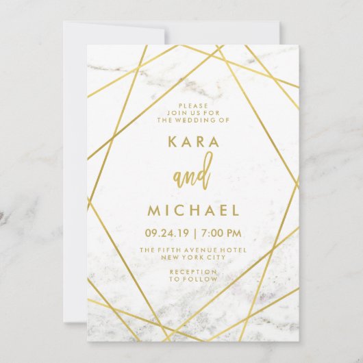 Marmer en Faux Gold Geometric Wedding Invite Kaart (Voorkant)