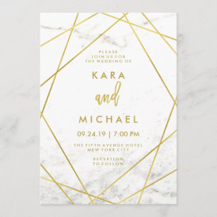 Marmer en Faux Gold Geometric Wedding Invite Kaart