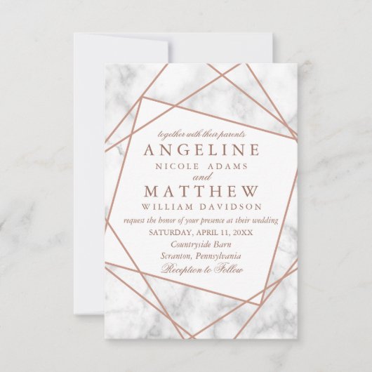 Marmer en Faux Roos Gold Geometric Wedding Invite Kaart (Voorkant)
