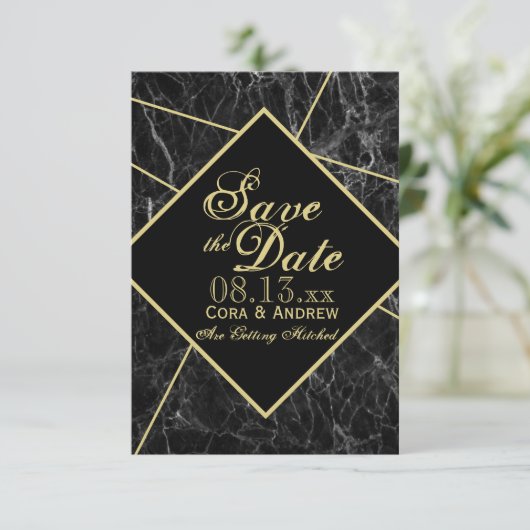 Marmer en Gold Art Deco Geometric Save the Date I Kaart (Staand voorkant)
