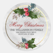 Marmer en Goud Kerst Holly Familie Adres Ronde Sticker (Voorkant)