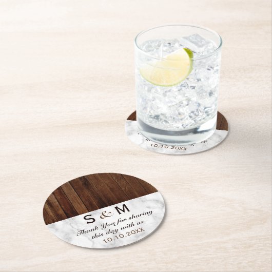 Marmer en hout bruiloft Dank u Ronde Kartonnen Onderzetter (Insitu)