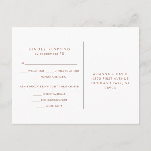 Marmer en Roos Gouden Geometrische Maaltijdkeuze R Uitnodiging Briefkaart (Achterkant)