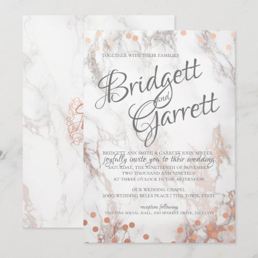 Marmer en Roos Gouden Sparkle Wedding Kaart (Voorkant / Achterkant)