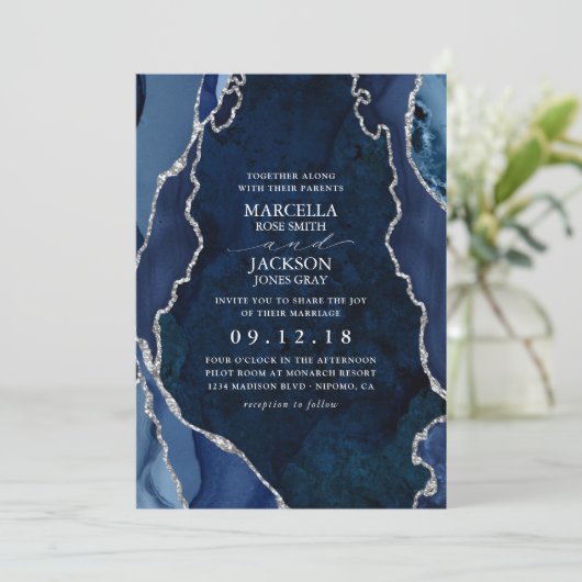 Marmer en zilver Agate Wedding Kaart (Staand voorkant)