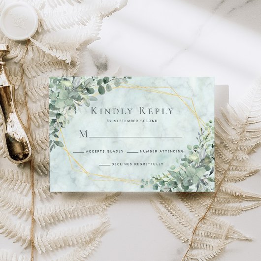 Marmer Eucalyptus Greenery Gold Geometric Wedding RSVP Kaartje