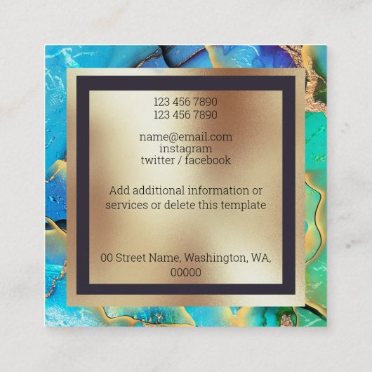 Marmer faux goudblauwe groene vierkant monogram vierkante visitekaartje (Achterkant)