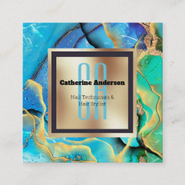 Marmer faux goudblauwe groene vierkant monogram vierkante visitekaartje