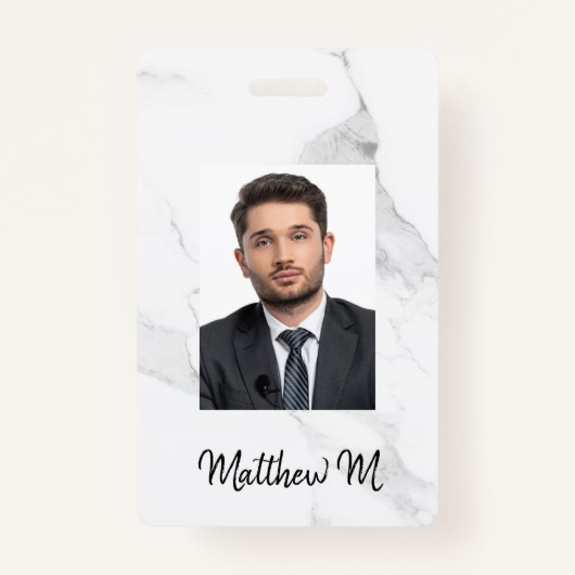 Marmer foto naam minimalistisch wit grijs badge (Voorkant)