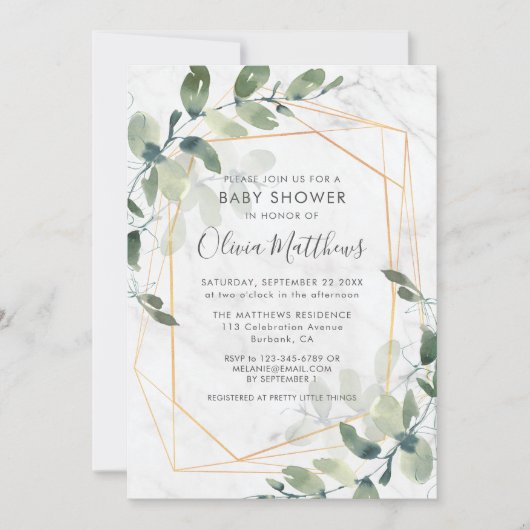 Marmer Geometric Gold Eucalyptus Baby shower Kaart (Voorkant)