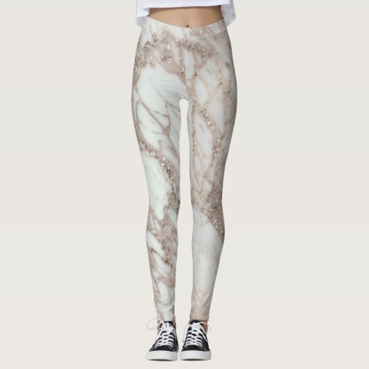 Marmer Glam Roos Roze Goud Zilver Designer Style Leggings (Voorkant)