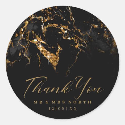 Marmer Glitter Bruiloft Zwart Goud ID644 Ronde Sticker (Voorkant)