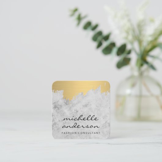 Marmer | Goud geborsteld damastpatroon Vierkante Visitekaartje (Staand voorkant)