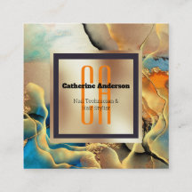 Marmer goudblauw oranje-inktrookmonogram vierkant