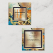 Marmer goudblauw oranje-inktrookmonogram vierkant vierkante visitekaartje (Voorkant / Achterkant)