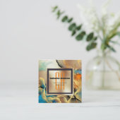 Marmer goudblauw oranje-inktrookmonogram vierkant vierkante visitekaartje (Staand voorkant)